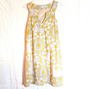 Ann Taylor Loft Linen Dress Sundress Shift yellow cream gray floral Sz 4 Sm